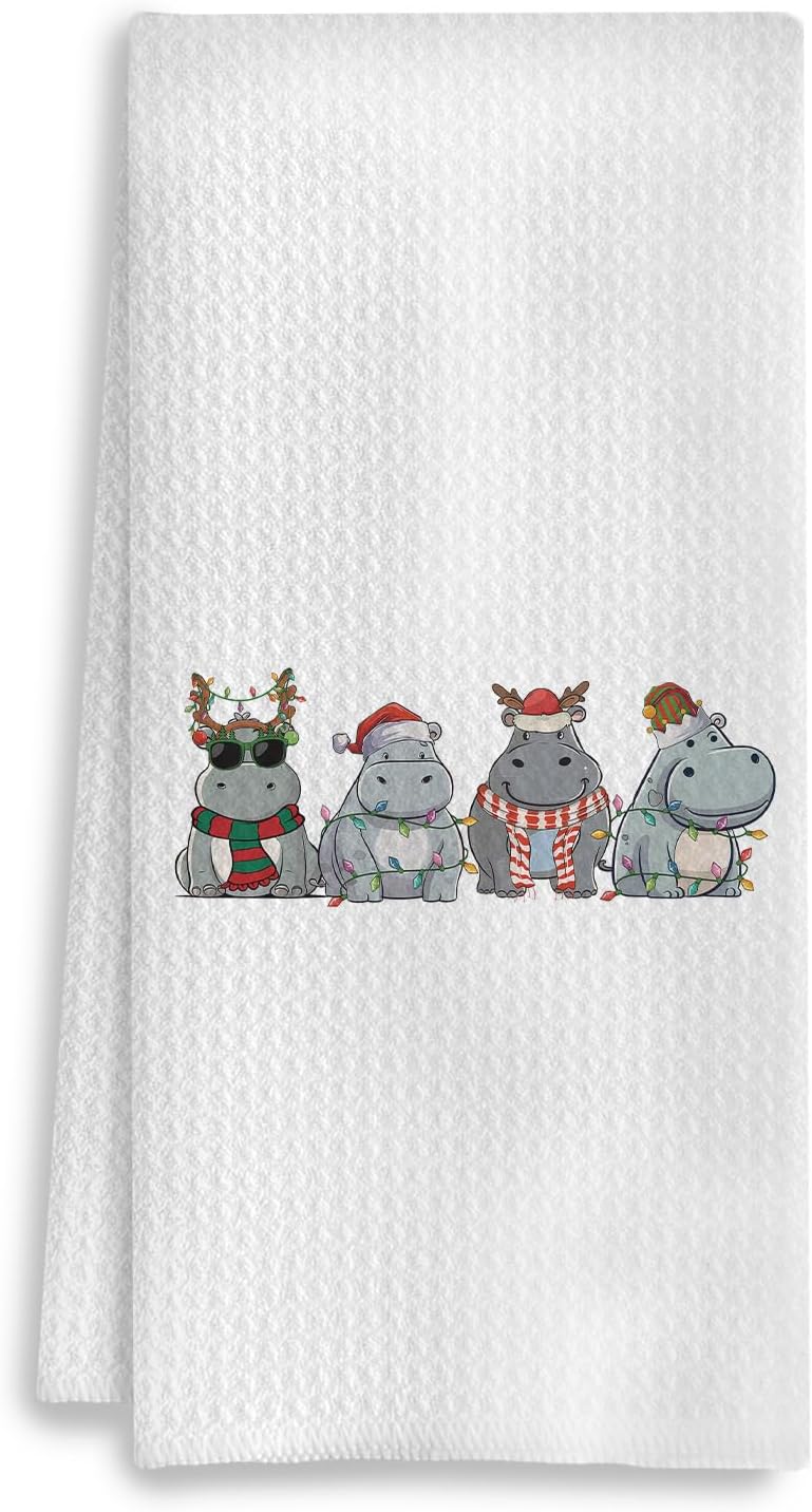 COWEB Christmas Hippopotamus Kitchen Towels, Hippo Gifts for Women, Dish Tea Towels, Hand Towels for Bathroom, Hippo Decor, 16x24 Inch - Image 1
